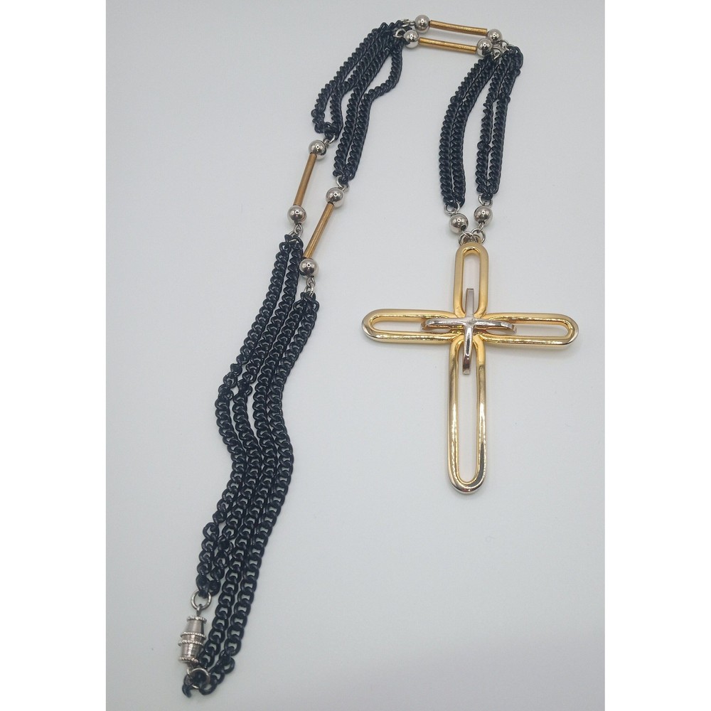 Castlecliff Two Tone Gold Tone Silver Tone Cross Pendant Black Chain Necklace